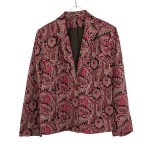 1990s Covington Vintage Pink and Black Floral Paisley Blazer Size 14